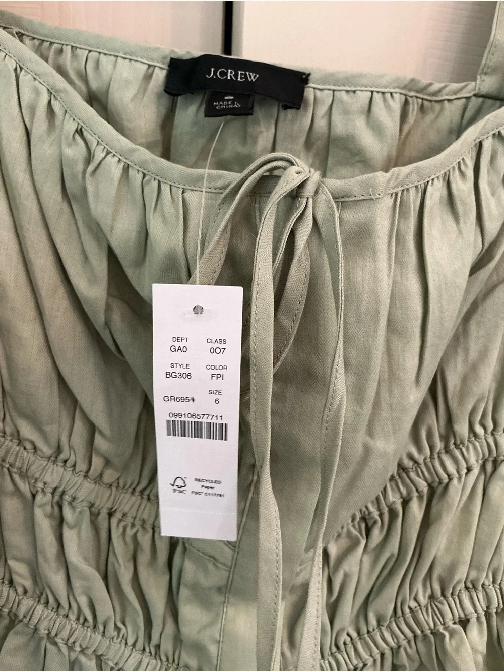 J. Crew Sage Green Smocked Square-Neck Cotton Blouse